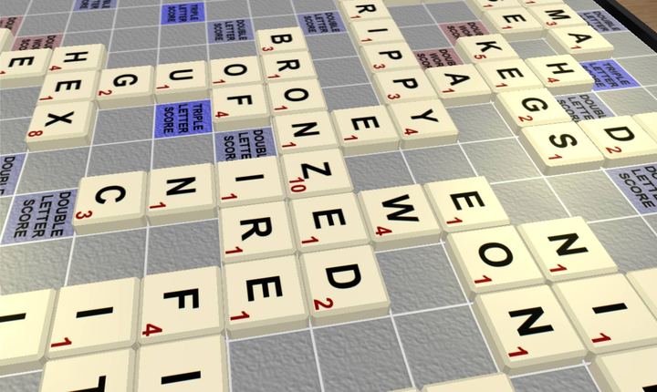 Close-up of the Letter Rack 3D board at an angle: cream tiles spelling words such as BRONZED, HEX and KEGS, with double-letter and triple-letter bonus squares