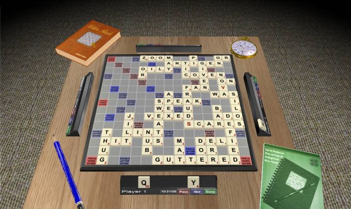 Letter Rack 3D late in a game, the board full of words such as ZOOM, ANTIGEN, VEXED and GUTTERED, with a rack holding Q and Y in front
