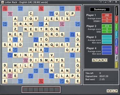 Letter Rack (Classic) playing the English (UK) dictionary: a busy board with words such as JESTS, NEUTRON, BANQUET and JARGON, a summary panel with each player's score, and the player's rack of tiles along the bottom