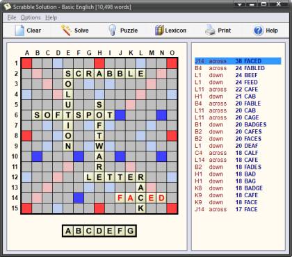 Scrabble Solution: a 15 by 15 board with a list of scoring plays beside it