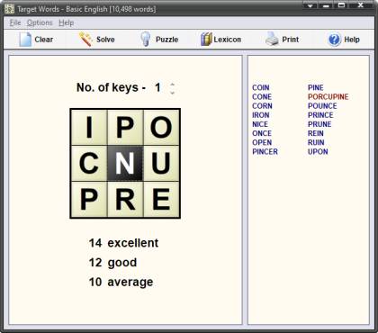 Target Words: a nine-letter grid with a list of found words beside it